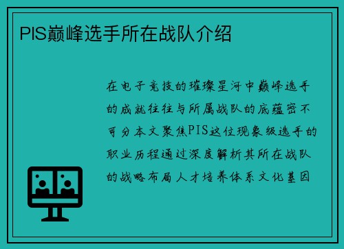 PIS巅峰选手所在战队介绍