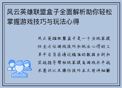 风云英雄联盟盒子全面解析助你轻松掌握游戏技巧与玩法心得