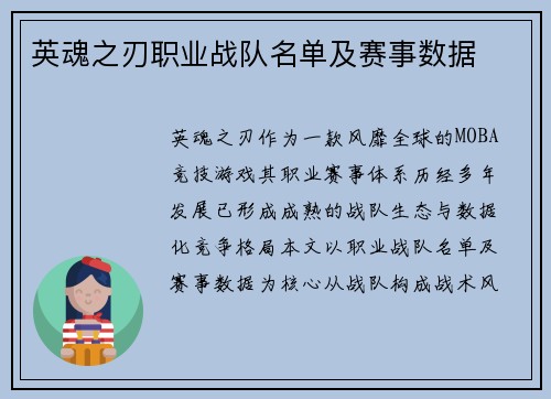 英魂之刃职业战队名单及赛事数据